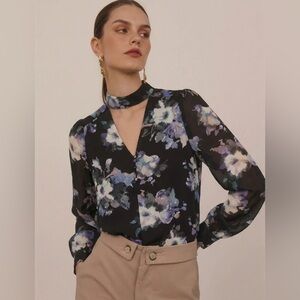 Belle Vere Women's Floral Black Choker Neck Workwear Career Blouse Top Size XS